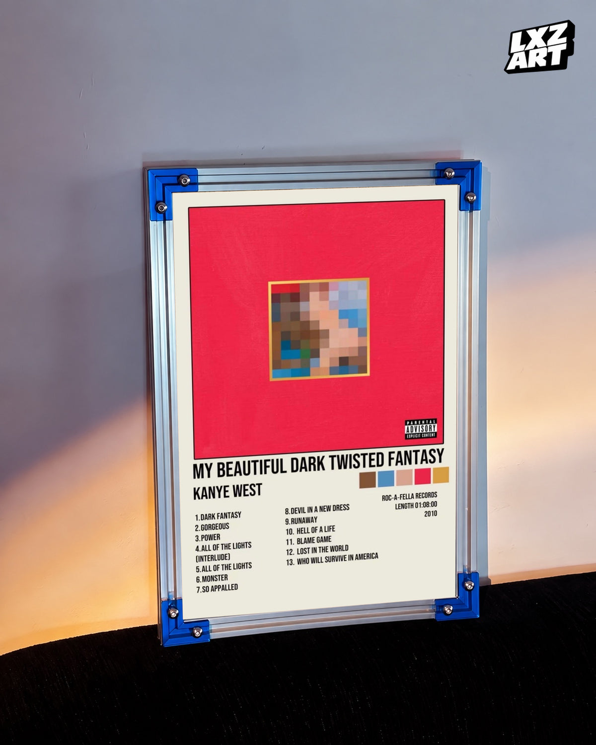 Kanye West My Beautiful Dark Twisted Fantasy Album Tracklist Poster | Unframed Hip Hop Wall Art — LXZART display 3; frame not included