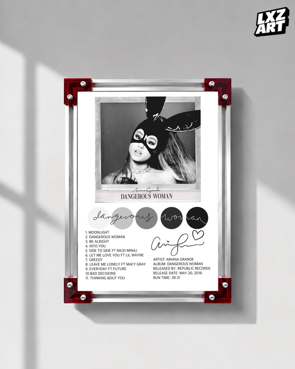 Ariana Grande Dangerous Woman Tracklist Poster | Unframed Bedroom Wall Art — LXZART display 1; frame not included