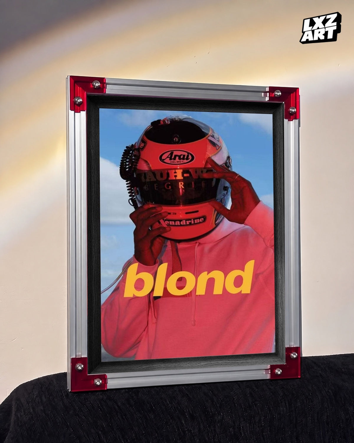 Frank Ocean Blond Red Helmet Poster — LXZART display 3; frame not included