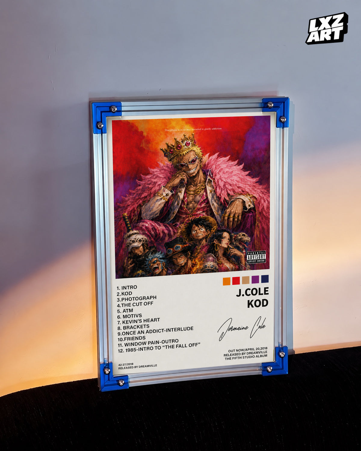 J. Cole KOD x One Piece Anime Album Cover Poster — LXZART display 3; frame not included