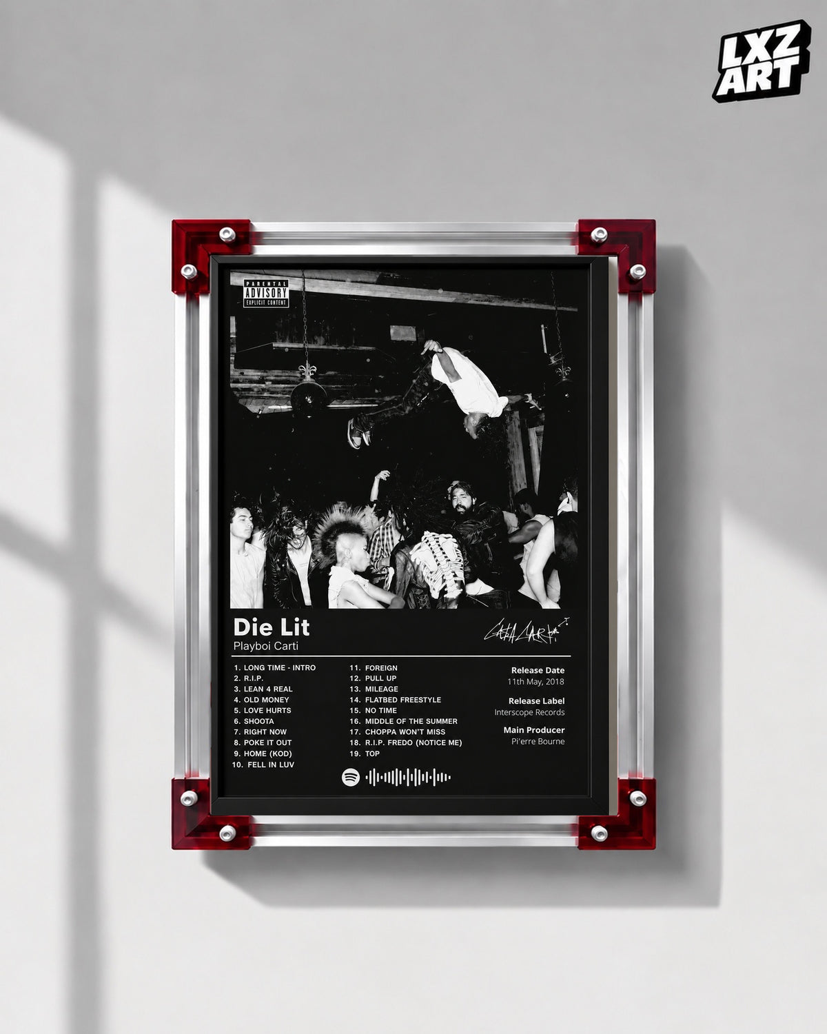 Playboi Carti Die Lit Black Tracklist Poster | Unframed Bedroom Wall Art — LXZART display 1; frame not included