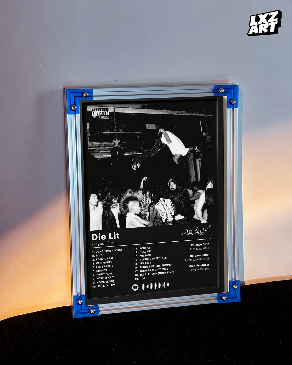 Playboi Carti Die Lit Black Tracklist Poster | Unframed Bedroom Wall Art — LXZART display 3; frame not included