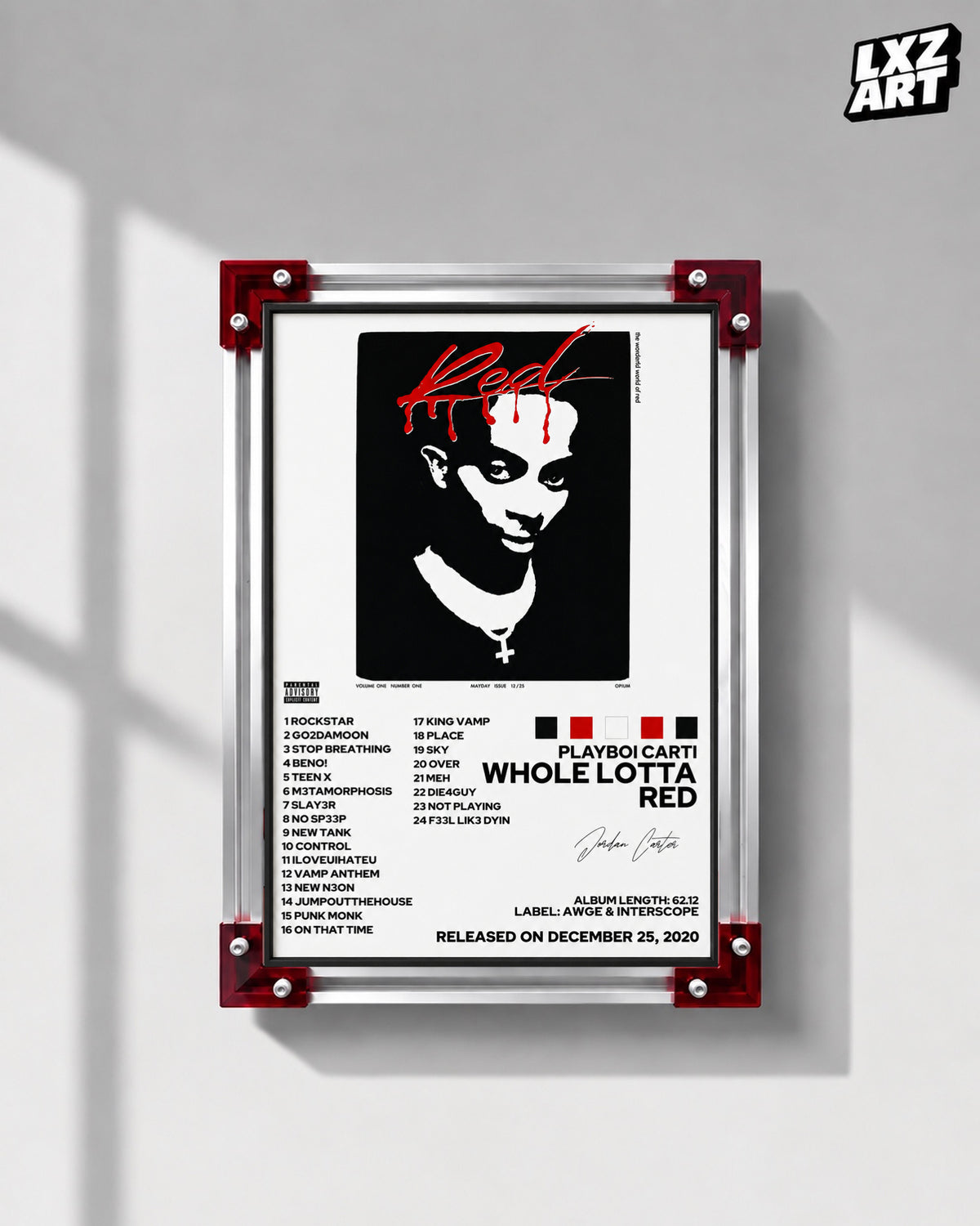 Playboi Carti Whole Lotta Red Tracklist Poster | Unframed Bedroom Wall Art — LXZART display 1; frame not included