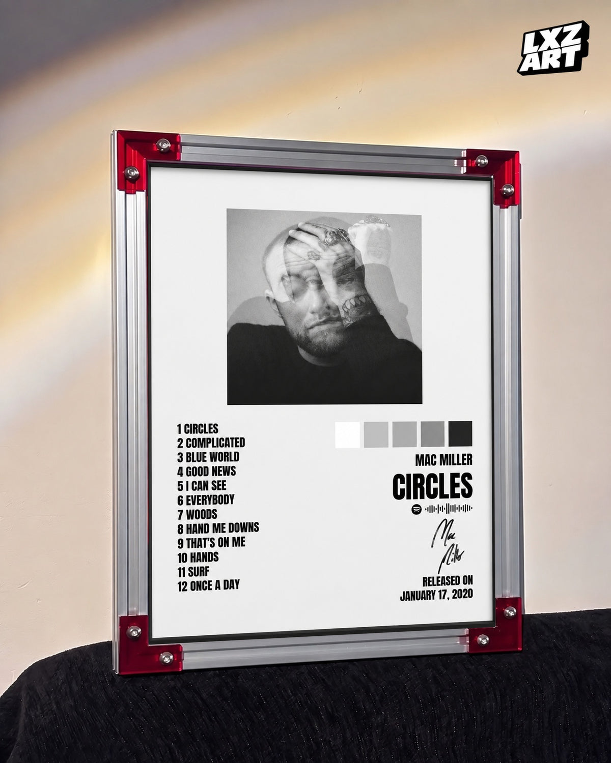 Mac Miller Circles Tracklist Poster | Unframed Bedroom Wall Art — LXZART display 3; frame not included