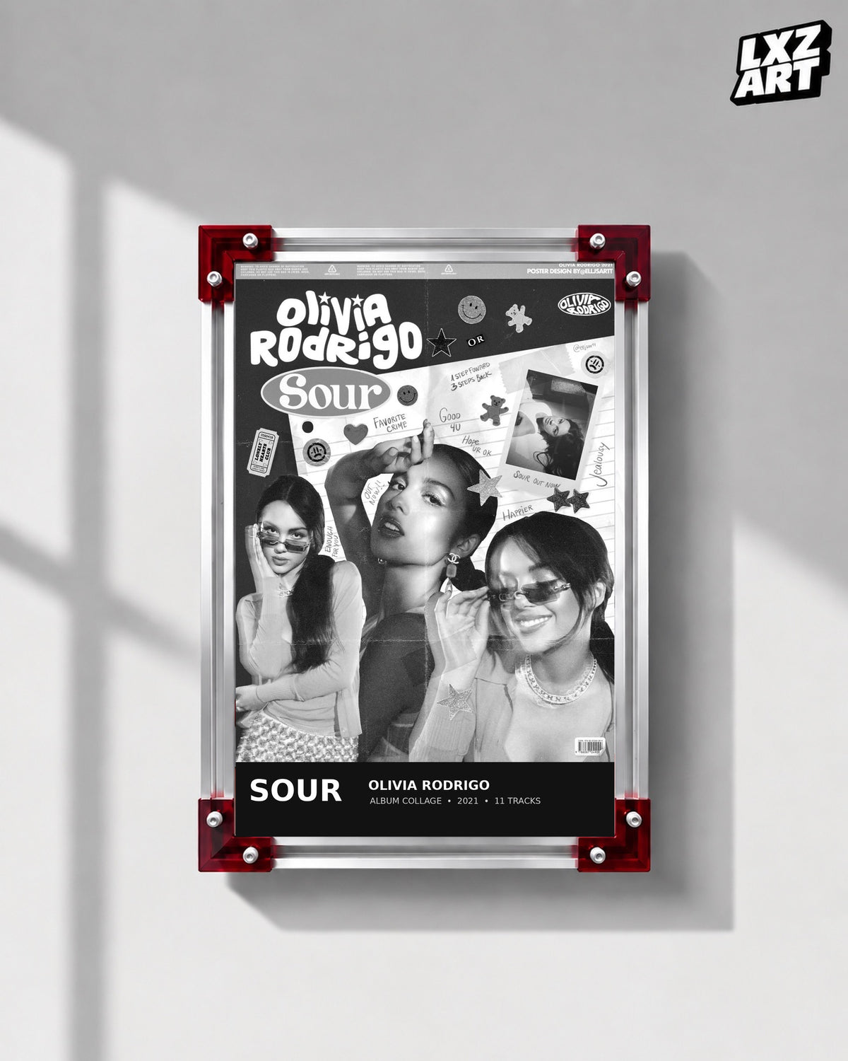 Olivia Rodrigo SOUR Black & White Collage Album Poster | Unframed Wall Art — LXZART display 1; frame not included