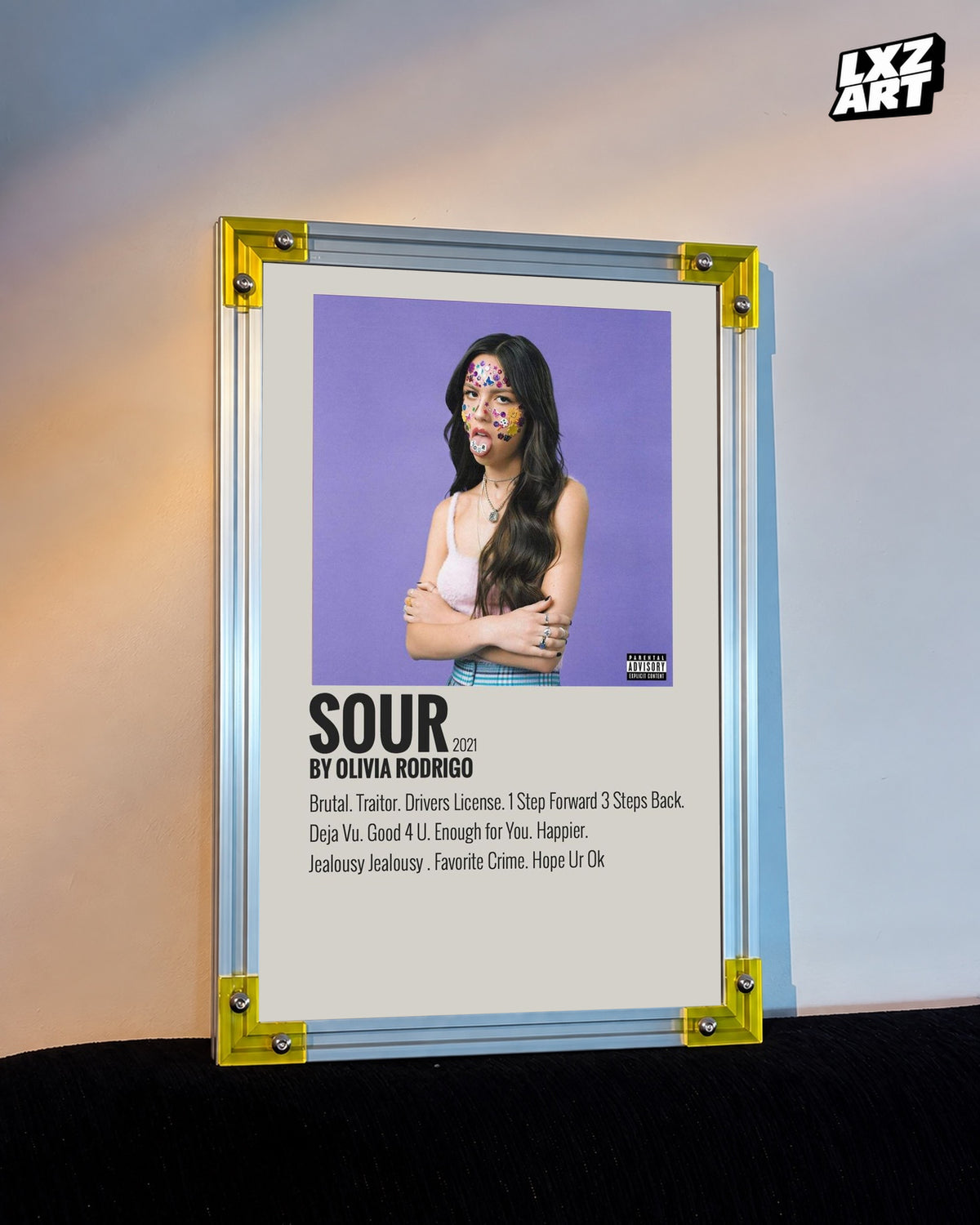 Olivia Rodrigo SOUR Minimalist Album Tracklist Poster | Unframed Wall Art — LXZART display 3; frame not included