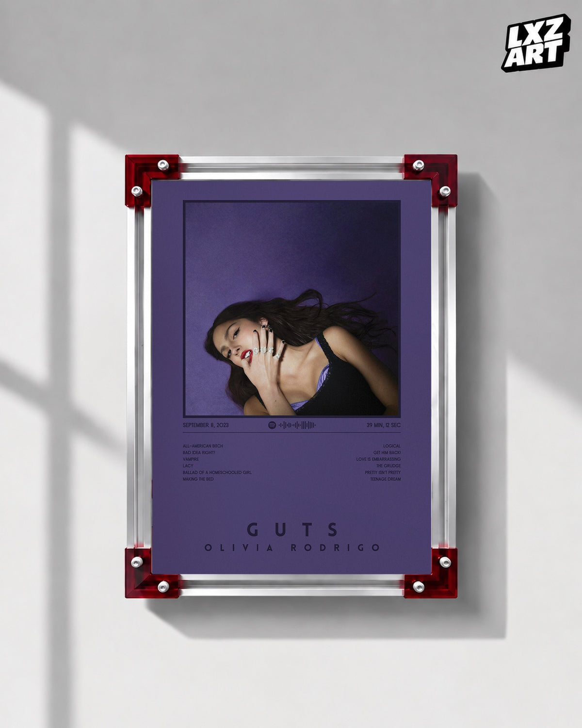 Olivia Rodrigo GUTS Dark Purple Album Tracklist Poster | Unframed Wall Art — LXZART display 1; frame not included