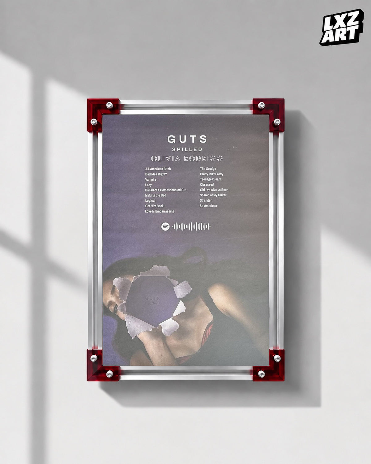 Olivia Rodrigo GUTS (spilled) Deluxe Tracklist Album Poster | Unframed Wall Art — LXZART display 1; frame not included