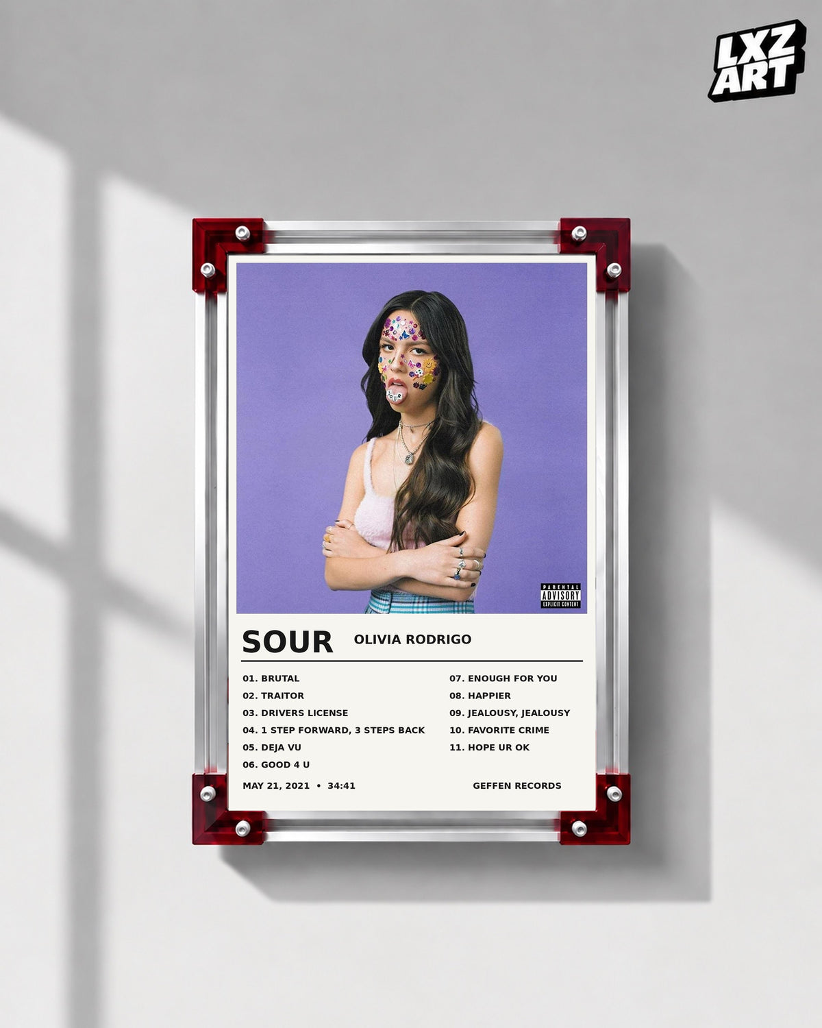 Olivia Rodrigo SOUR Album Stats Tracklist Poster | Unframed Wall Art — LXZART display 1; frame not included