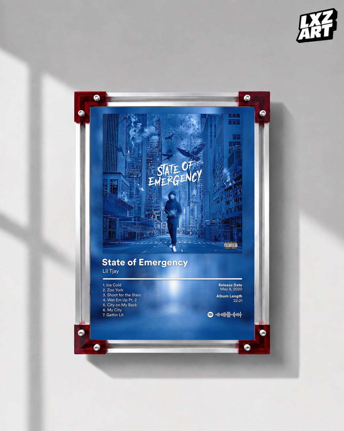 Lil Tjay State of Emergency Blue City Tracklist Poster | Unframed Wall Art — LXZART display 1; frame not included