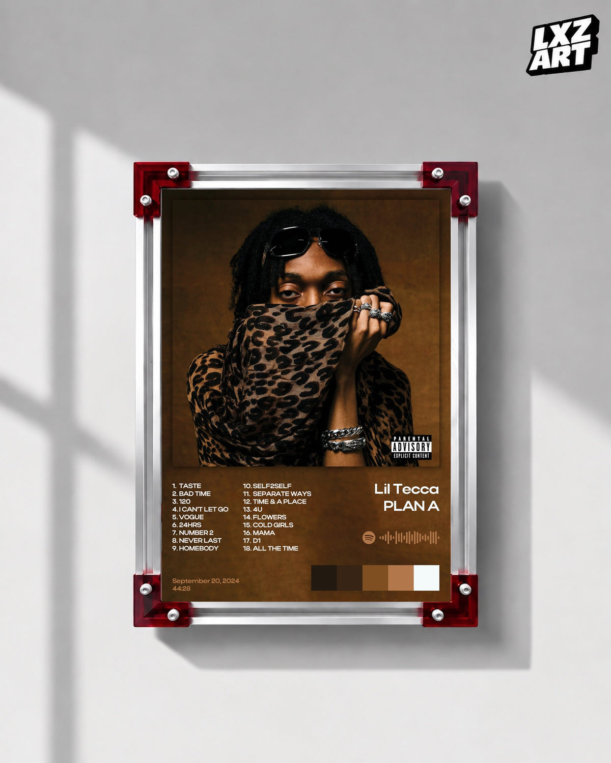 Lil Tecca PLAN A Brown and Gold Tracklist Poster | Unframed Wall Art — LXZART display 1; frame not included