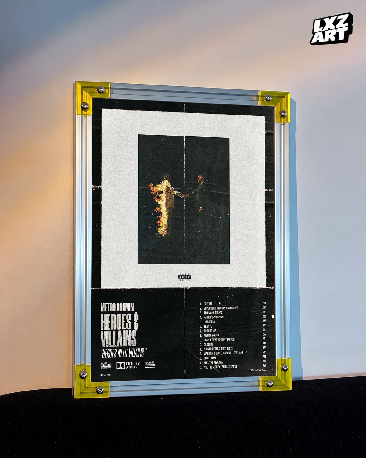 Metro Boomin Heroes & Villains Distressed Black Tracklist Poster | Unframed Wall Art — LXZART display 3; frame not included