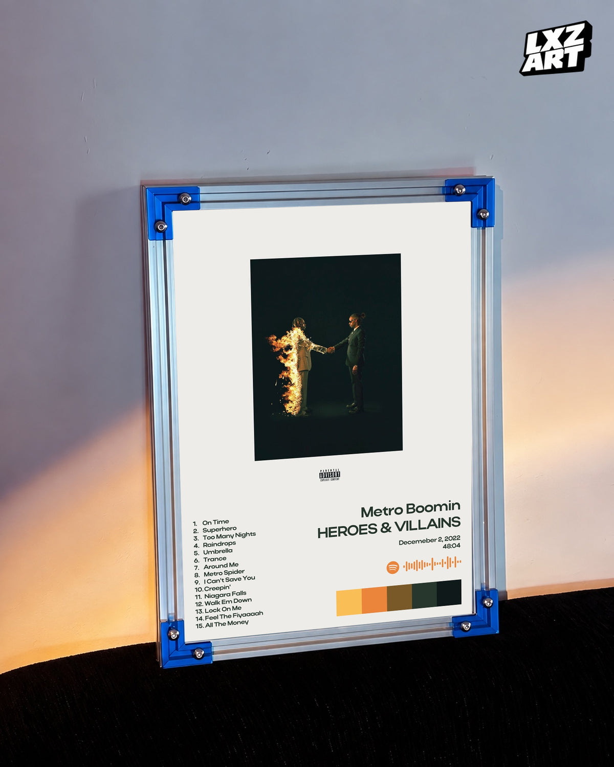 Metro Boomin Heroes & Villains White Minimal Tracklist Poster | Unframed Wall Art — LXZART display 3; frame not included