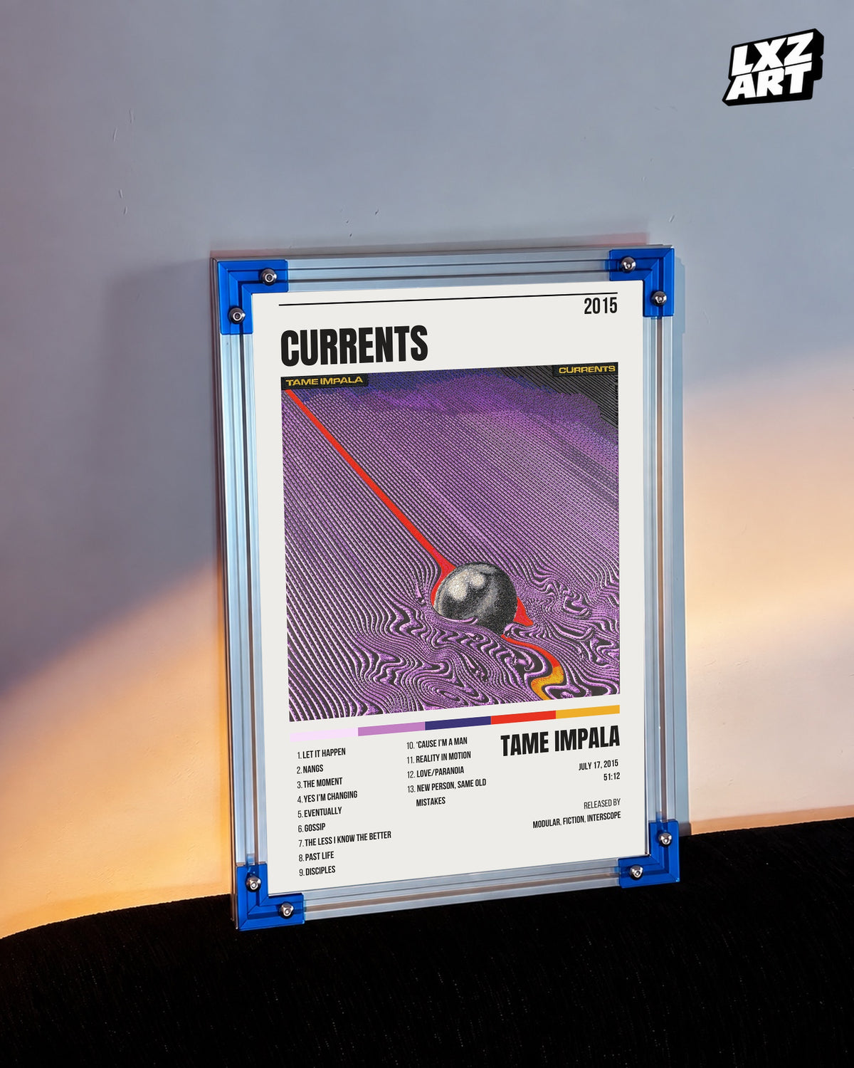 Tame Impala Currents White Header Tracklist Poster | Unframed Wall Art — LXZART display 3; frame not included