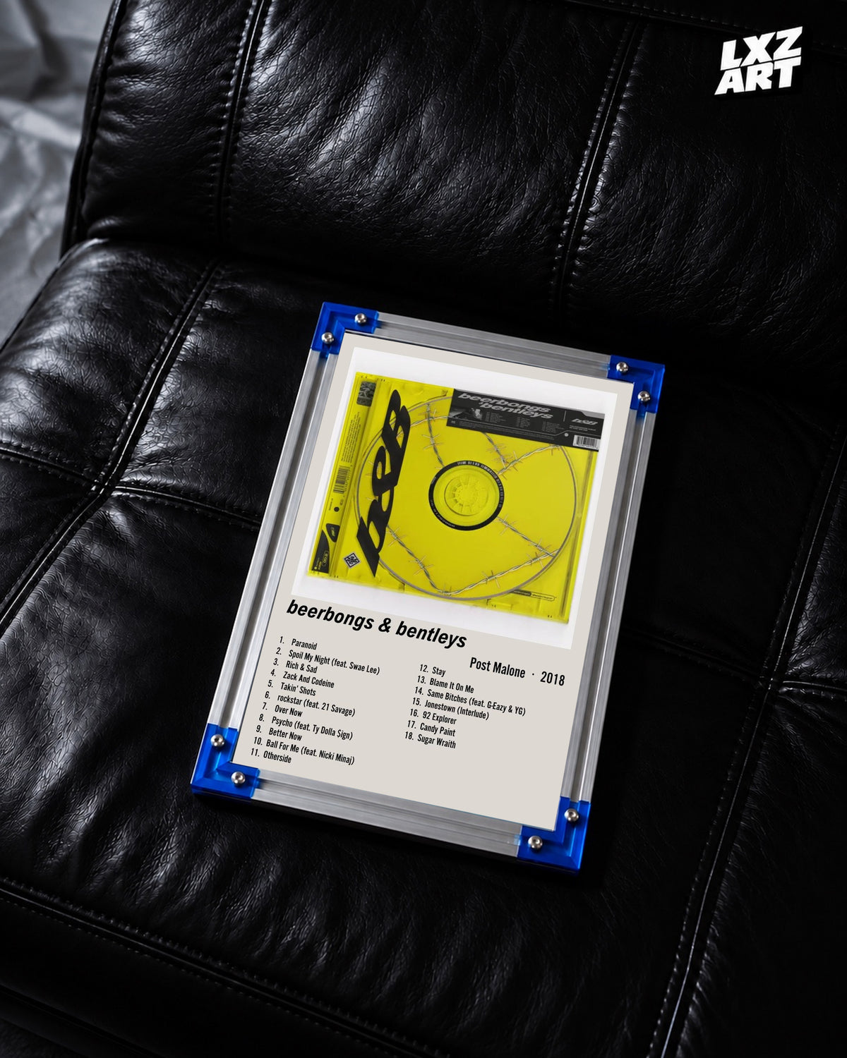 Post Malone beerbongs & bentleys Cream Two-Column Tracklist Poster | Unframed Wall Art — LXZART display 2; frame not included