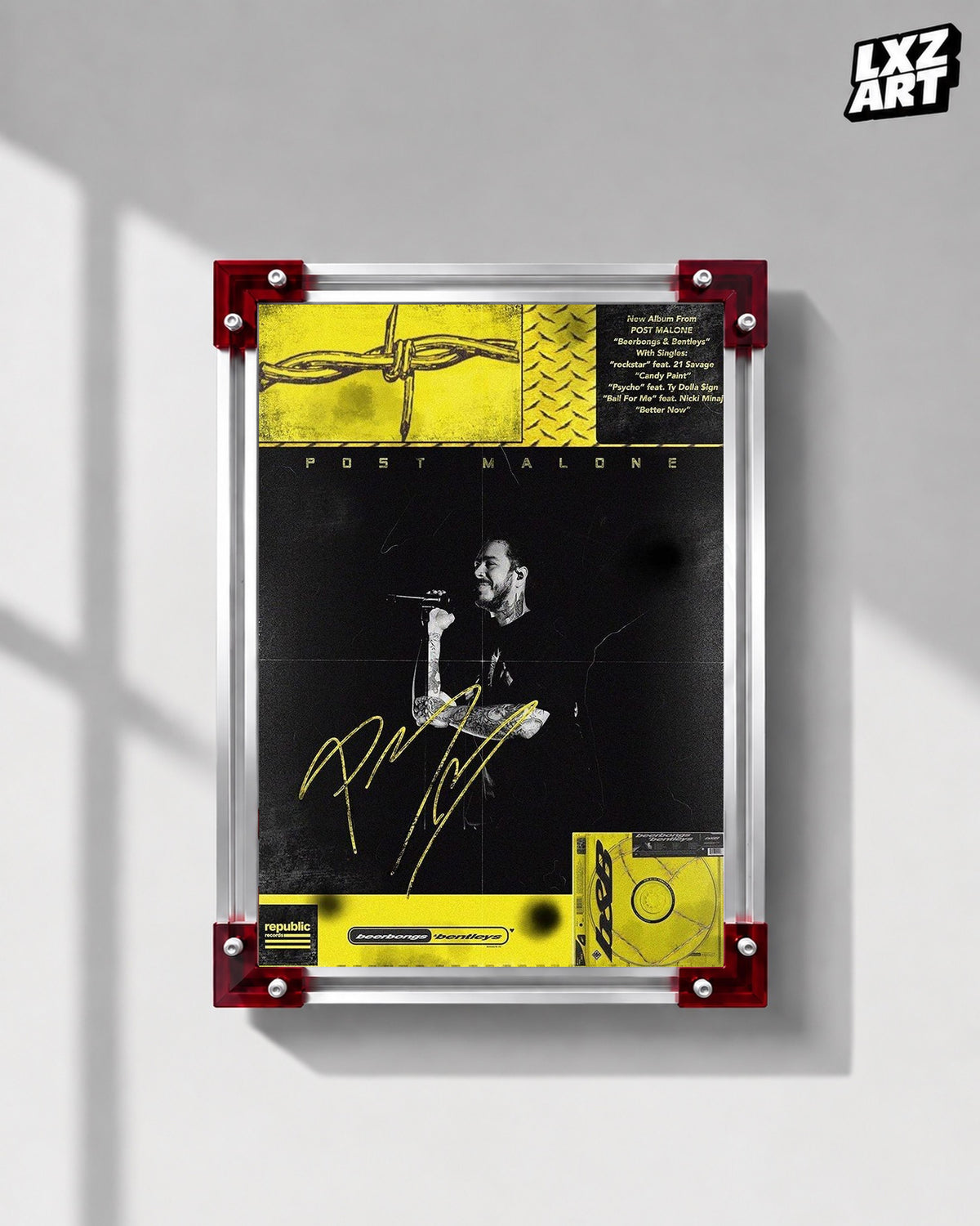 Post Malone beerbongs & bentleys Yellow Performance Collage Poster | Unframed Wall Art — LXZART display 1; frame not included