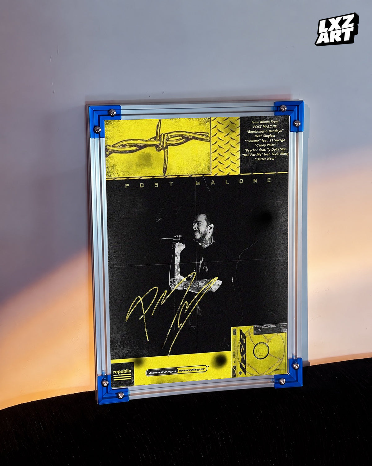 Post Malone beerbongs & bentleys Yellow Performance Collage Poster | Unframed Wall Art — LXZART display 3; frame not included