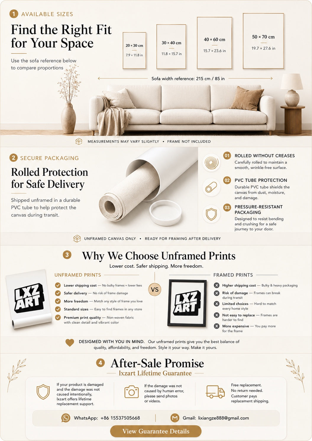 LXZART size guide, secure packaging, unframed print benefits and lifetime guarantee