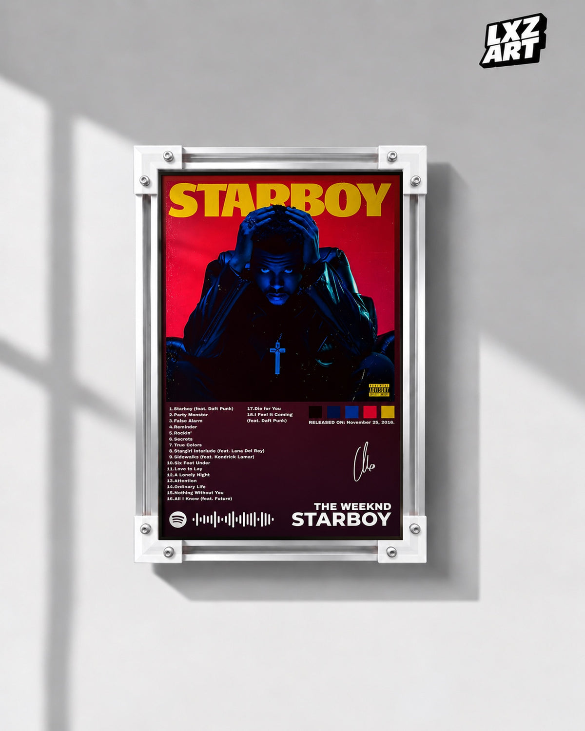 The Weeknd Starboy Tracklist Poster — gray wall front view; frame for display only
