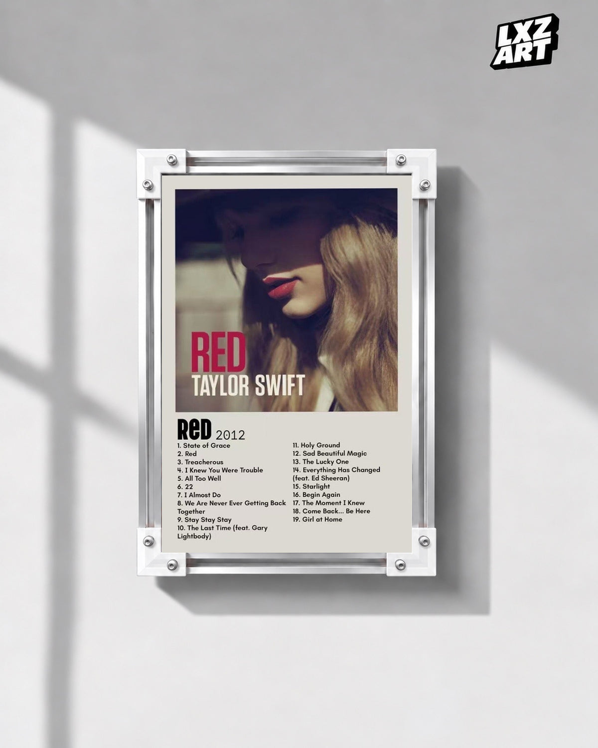 Taylor Swift Red Tracklist Poster — gray wall front view; frame for display only