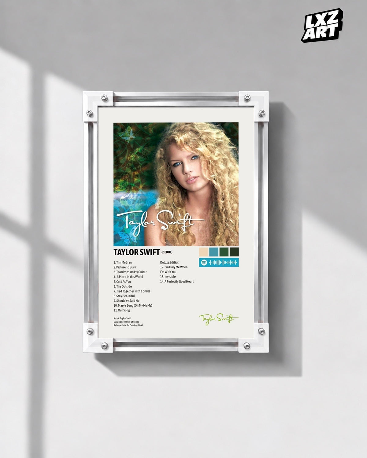 Taylor Swift Debut Deluxe Edition Poster — gray wall front view; frame for display only