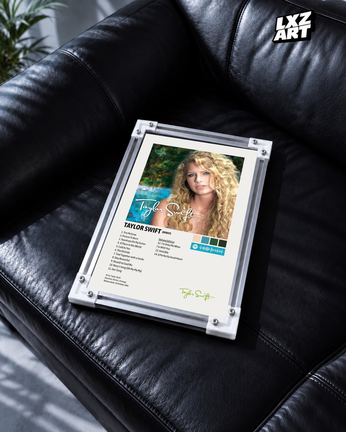Taylor Swift Debut Deluxe Edition Poster — black leather sofa; frame for display only