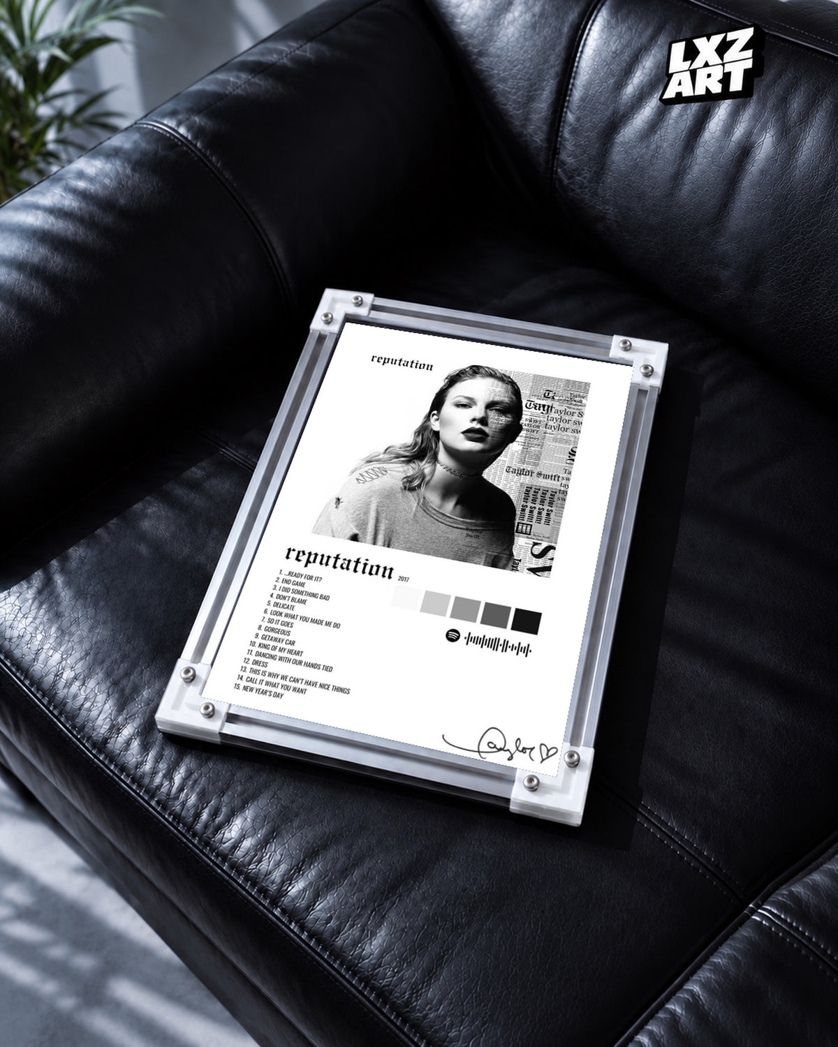 Taylor Swift reputation Tracklist Poster — black leather sofa; frame for display only