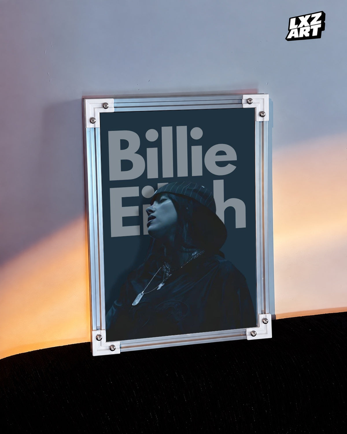 Billie Eilish Blue Portrait Poster — warm light wall; frame for display only