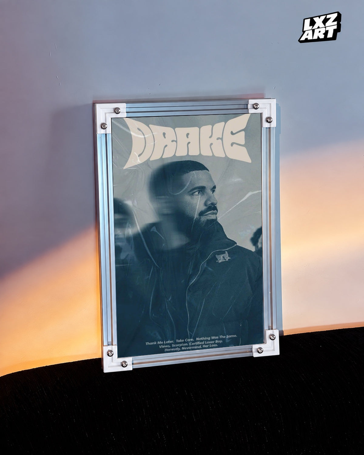 Drake Retro Typography Portrait Poster — warm light wall; frame for display only