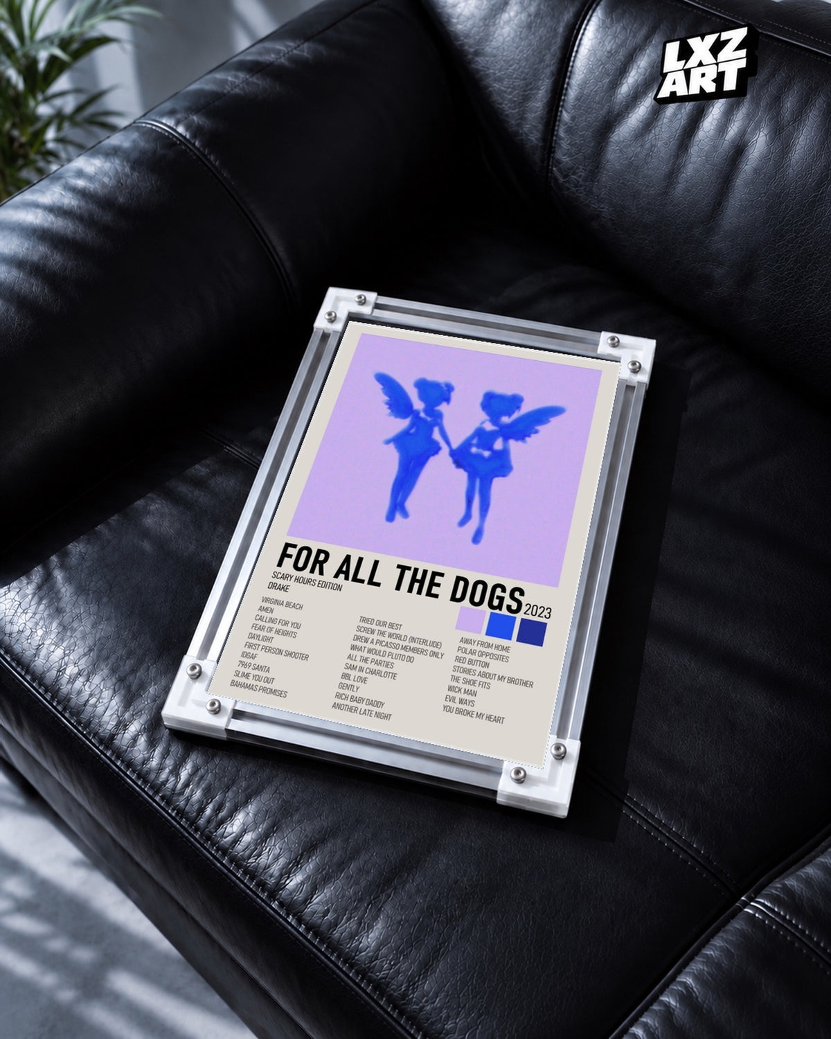 Drake For All the Dogs Scary Hours Edition Album Tracklist Poster — black leather sofa; frame for display only