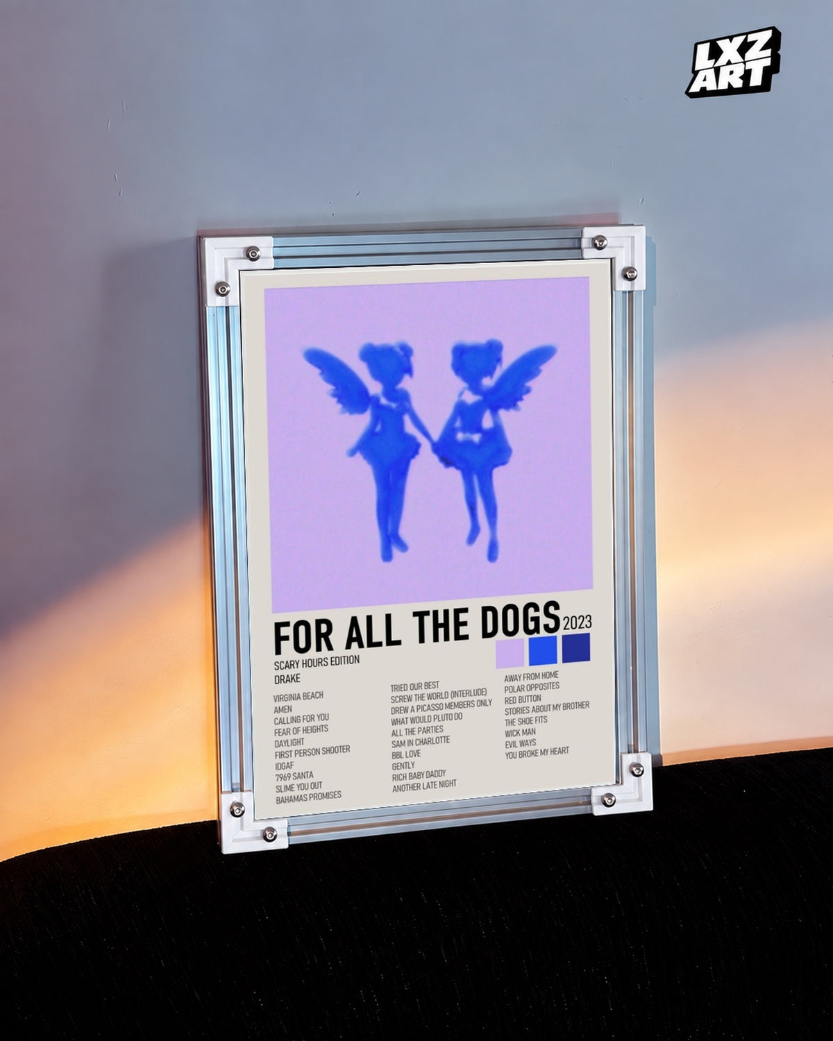 Drake For All the Dogs Scary Hours Edition Album Tracklist Poster — warm light wall; frame for display only