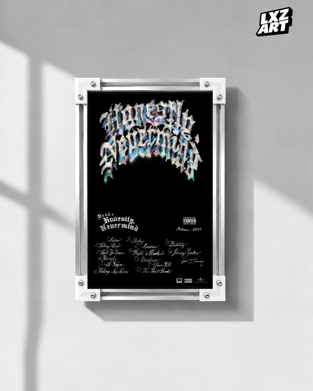 Drake Honestly Nevermind Album Tracklist Poster — gray wall front view; frame for display only