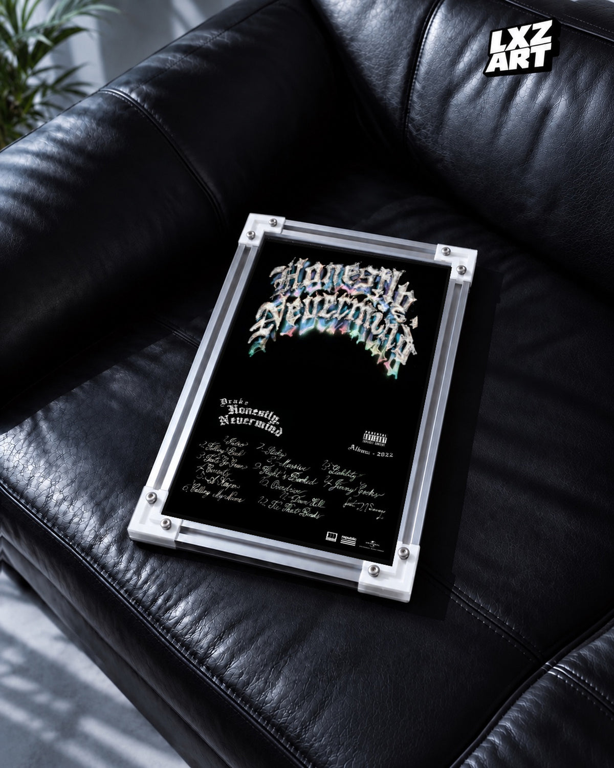 Drake Honestly Nevermind Album Tracklist Poster — black leather sofa; frame for display only