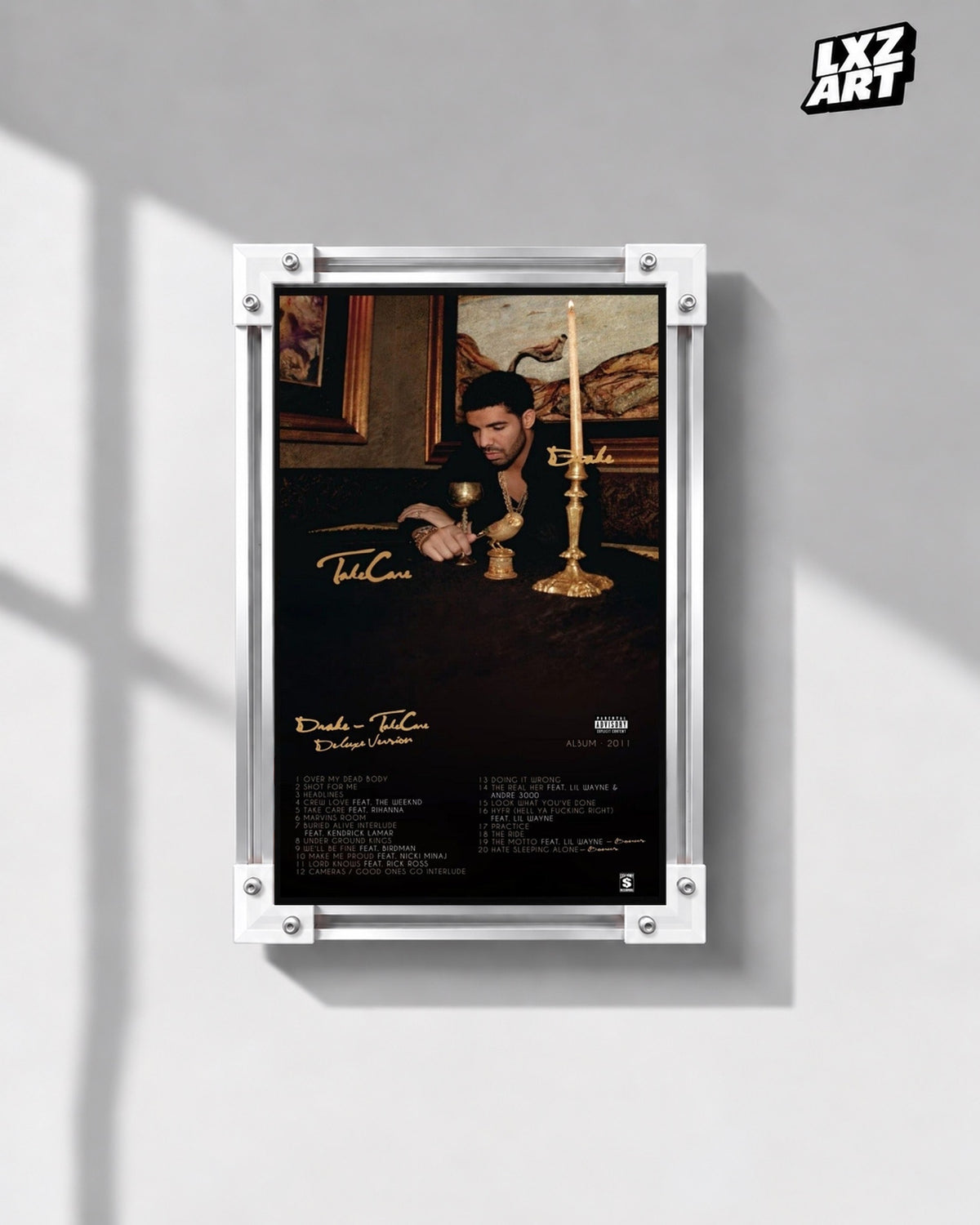 Drake Take Care Deluxe Version Album Poster — gray wall front view; frame for display only