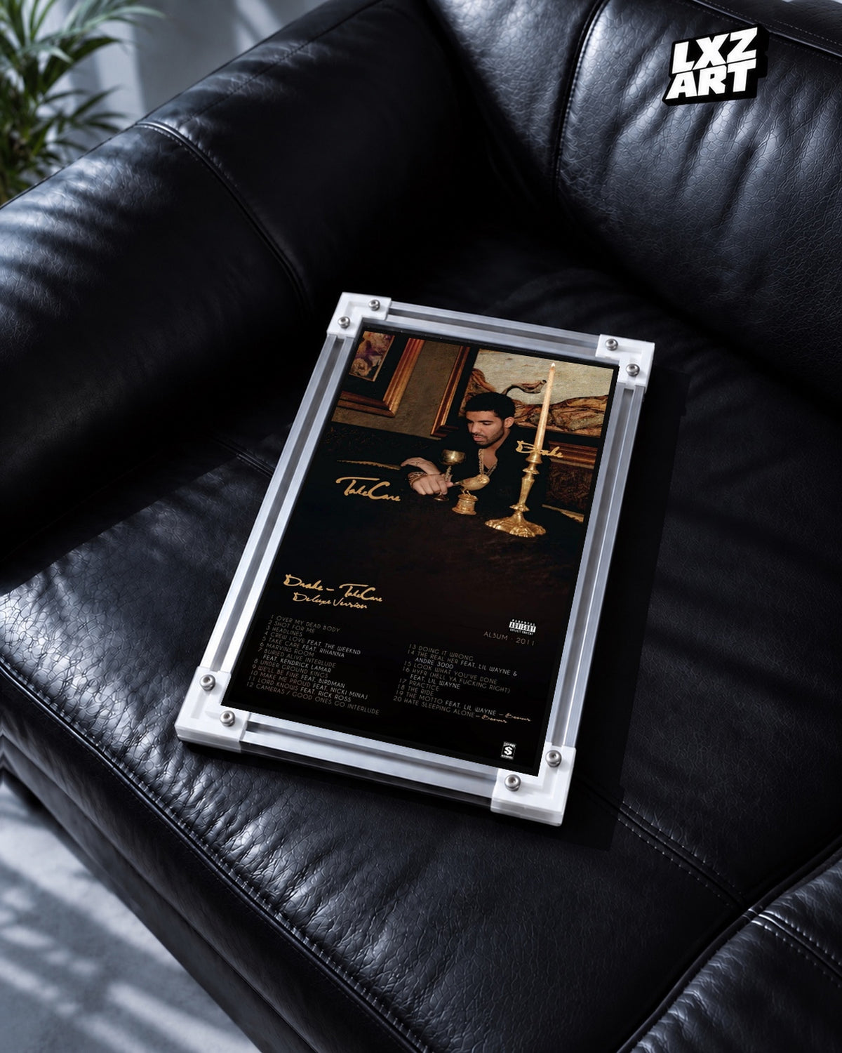 Drake Take Care Deluxe Version Album Poster — black leather sofa; frame for display only