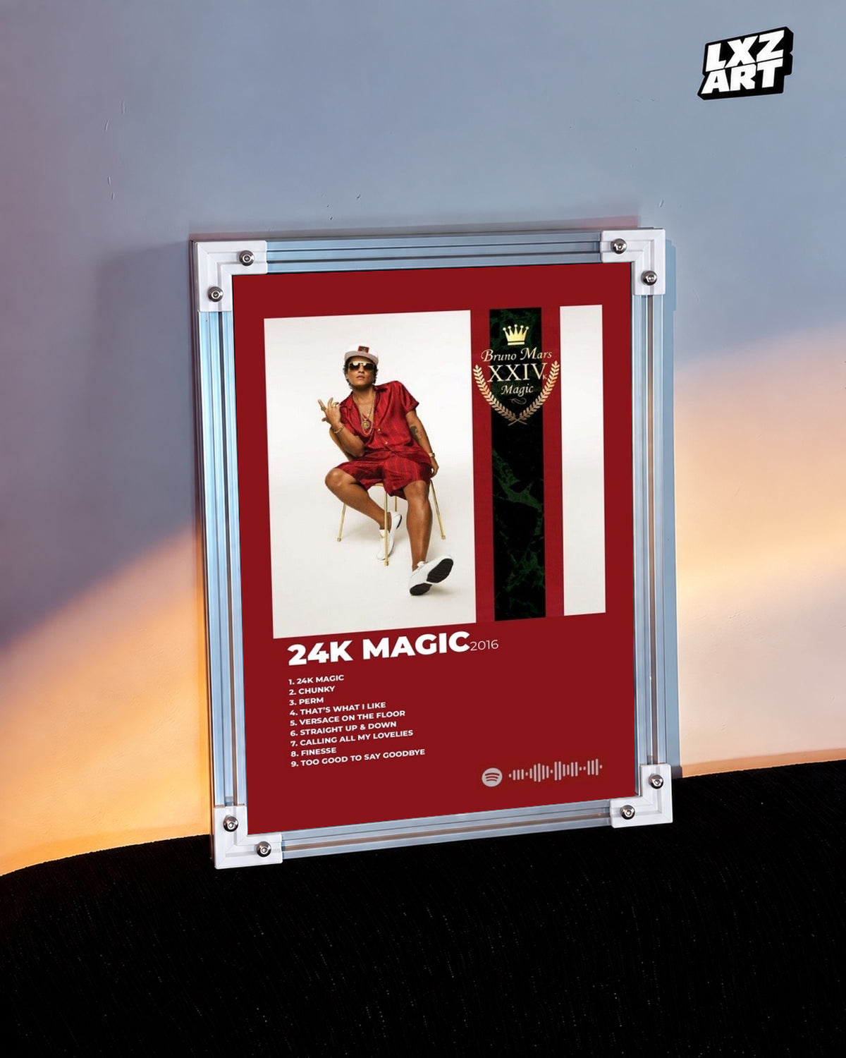 Bruno Mars 24K Magic Tracklist Wall Art Print — warm light wall; frame for display only