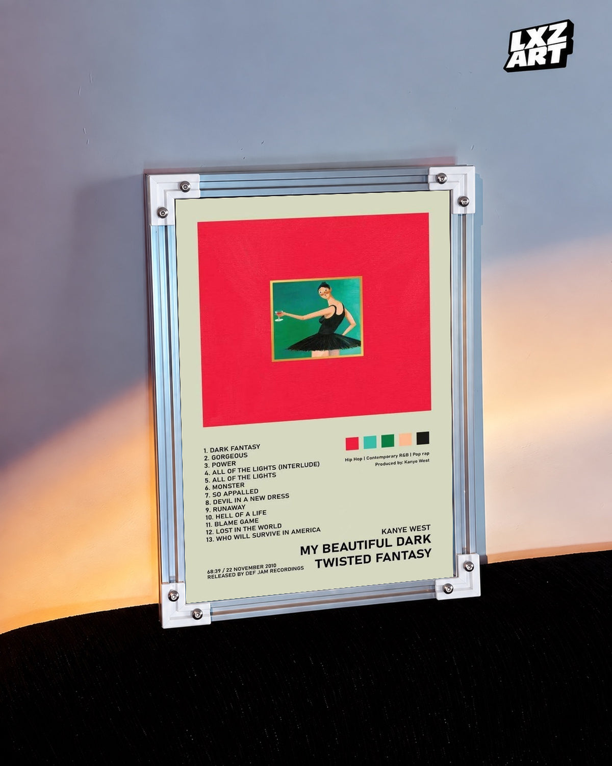 Kanye West My Beautiful Dark Twisted Fantasy Album Tracklist Poster — warm light wall; frame for display only