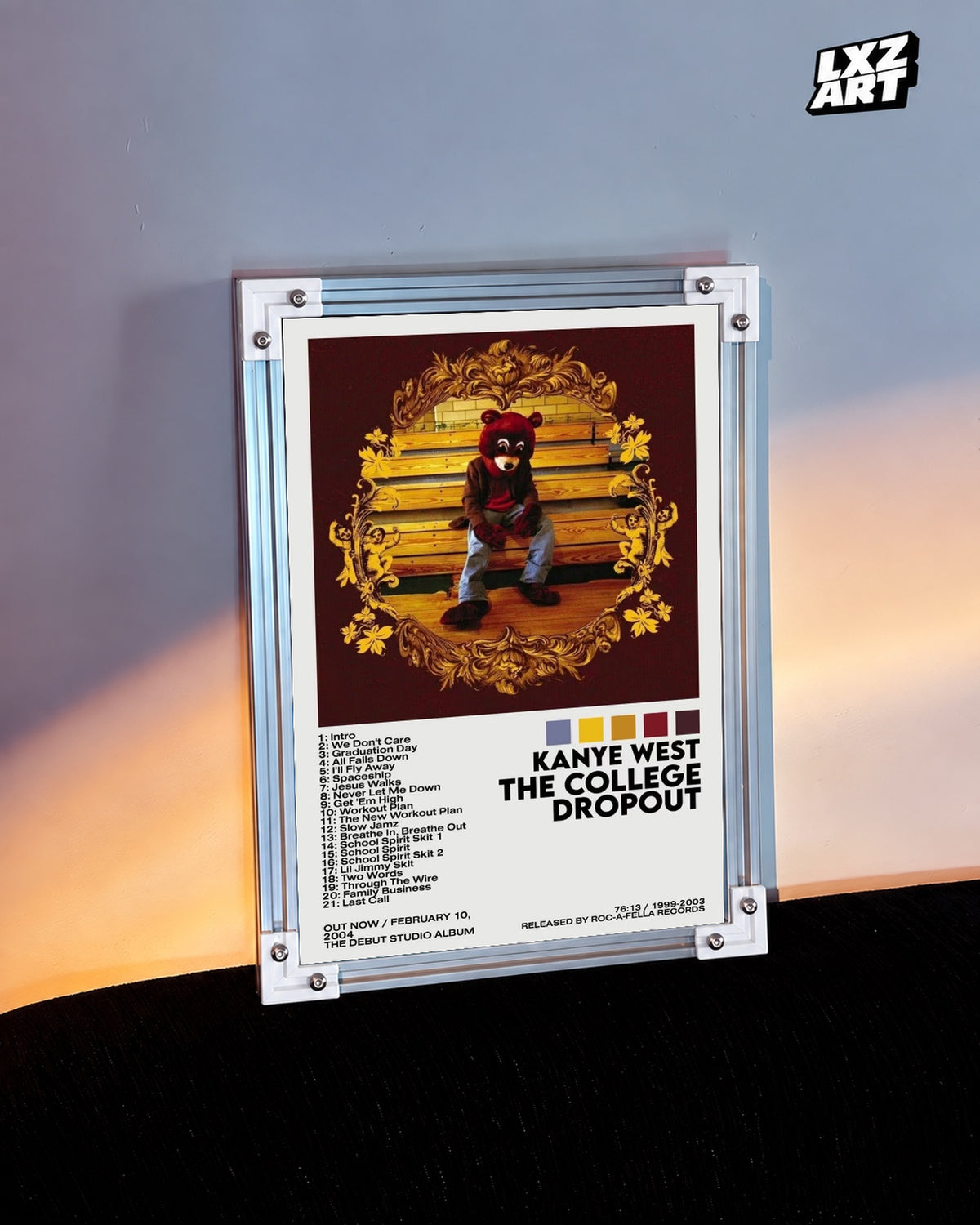 Kanye West The College Dropout Album Tracklist Poster — warm light wall; frame for display only