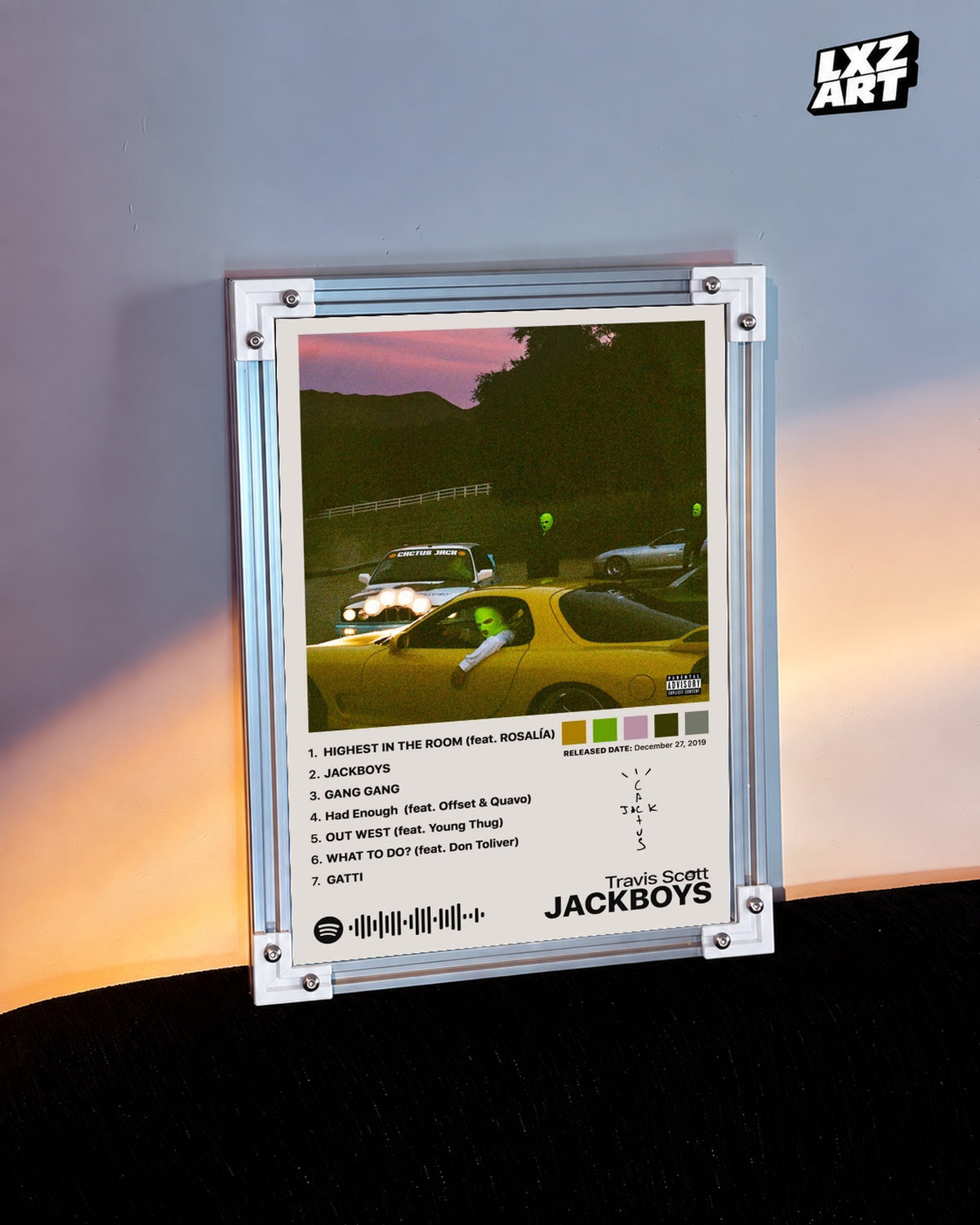 Travis Scott Jackboys Tracklist Poster — warm light wall; frame for display only