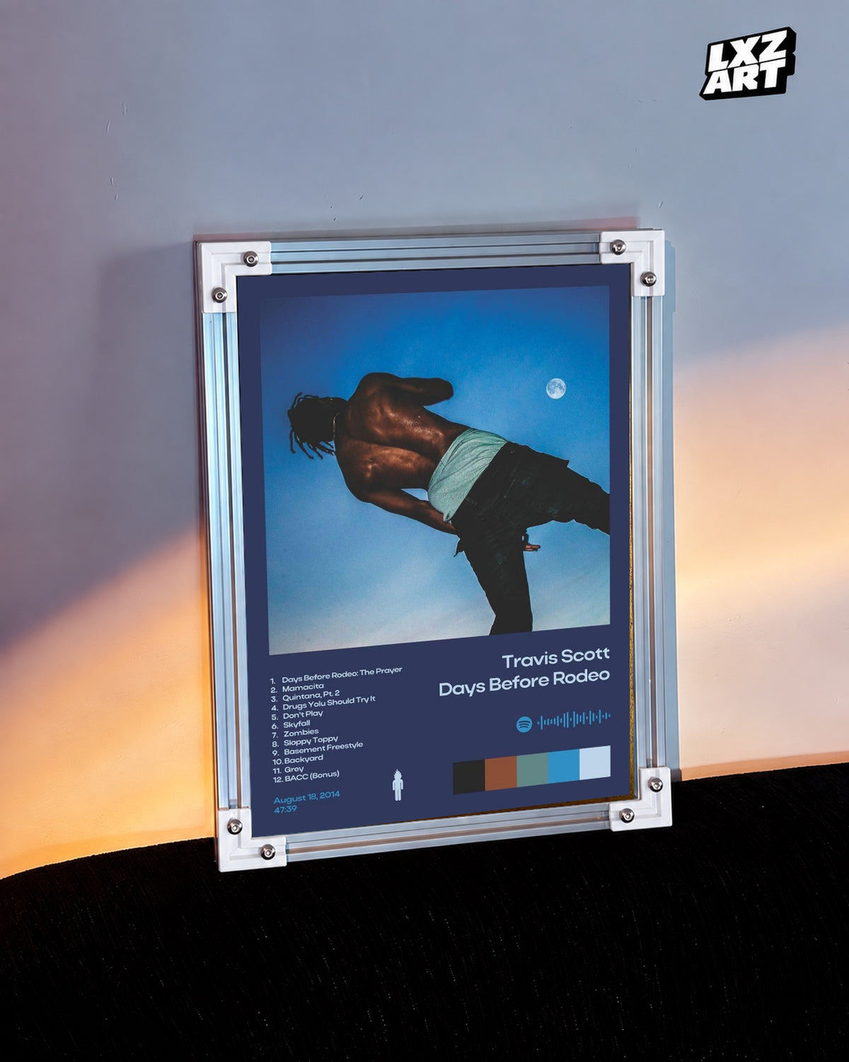 Travis Scott Days Before Rodeo Poster — warm light wall; frame for display only