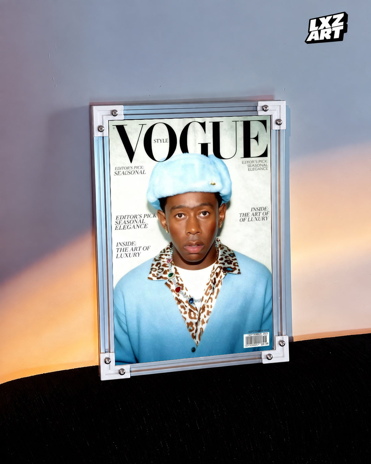 Tyler, The Creator Magazine Portrait Poster — warm light wall; frame for display only
