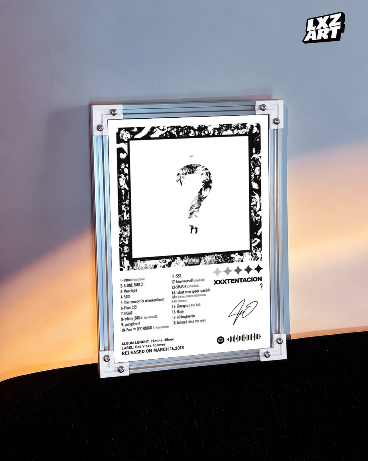 XXXTentacion Question Mark Album Tracklist Poster — warm light wall; frame for display only