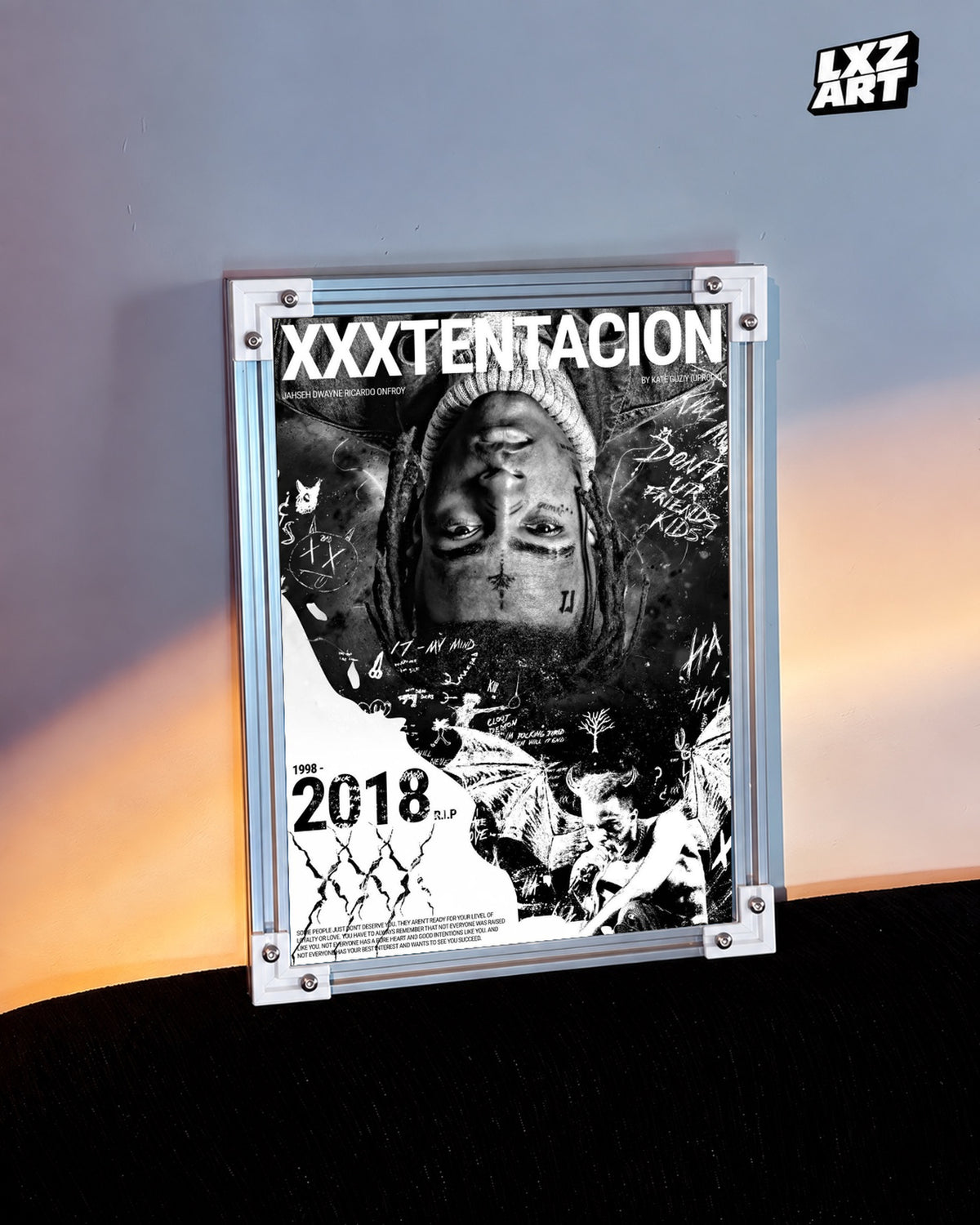 XXXTentacion 1998–2018 Memorial Collage Poster — warm light wall; frame for display only