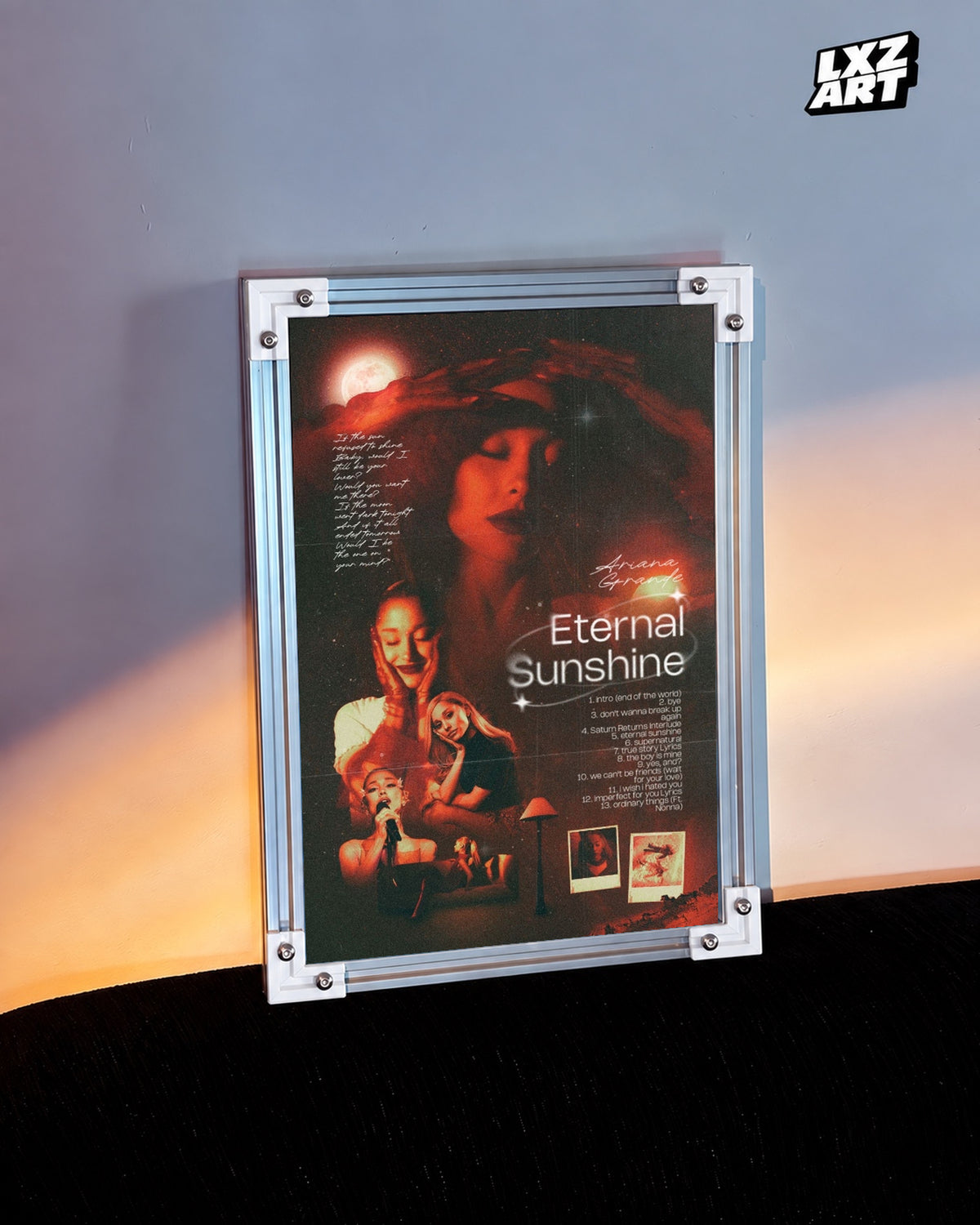 Ariana Grande Eternal Sunshine Album Poster — warm light wall; frame for display only