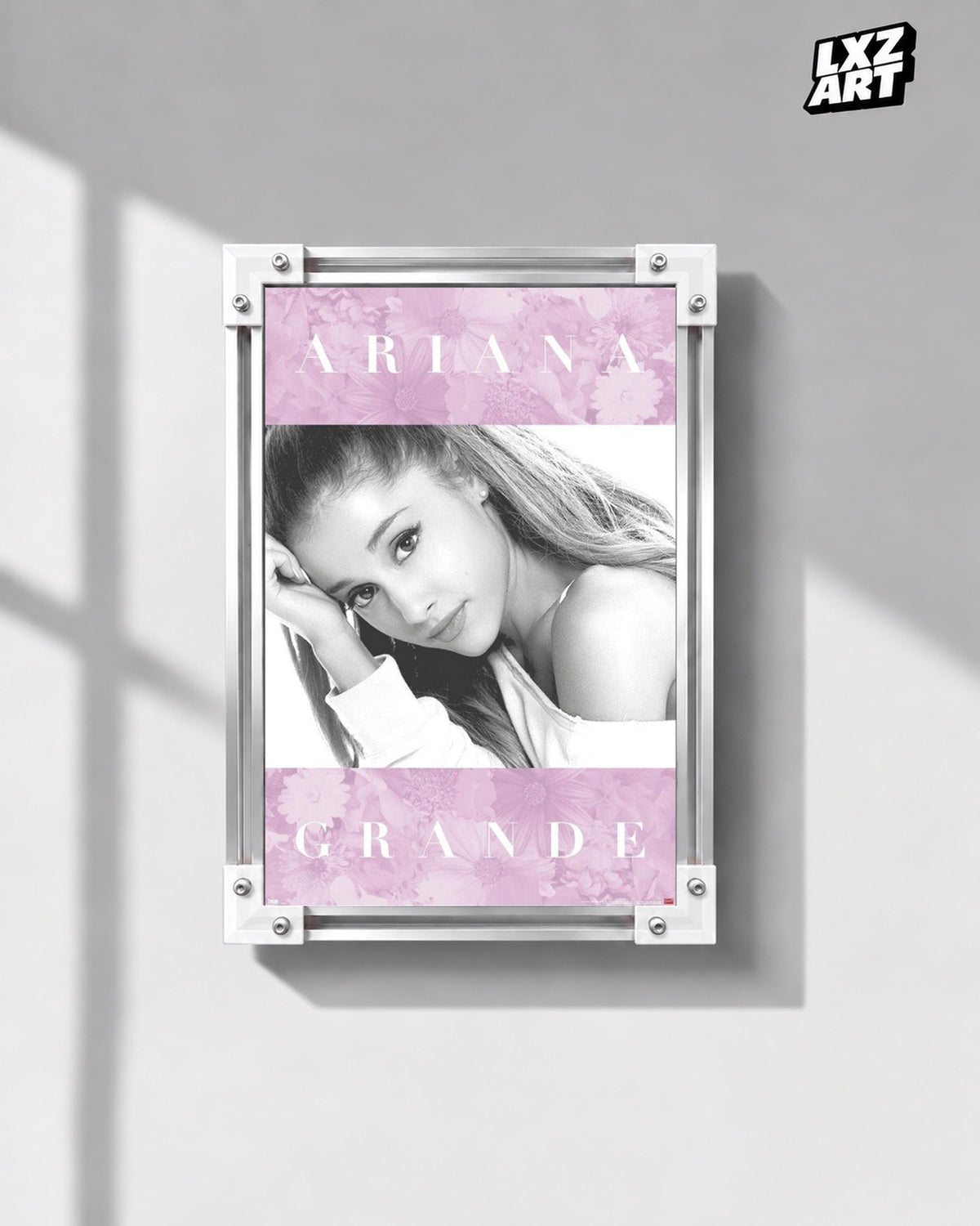 Ariana Grande Pink Portrait Poster — gray wall front view; frame for display only