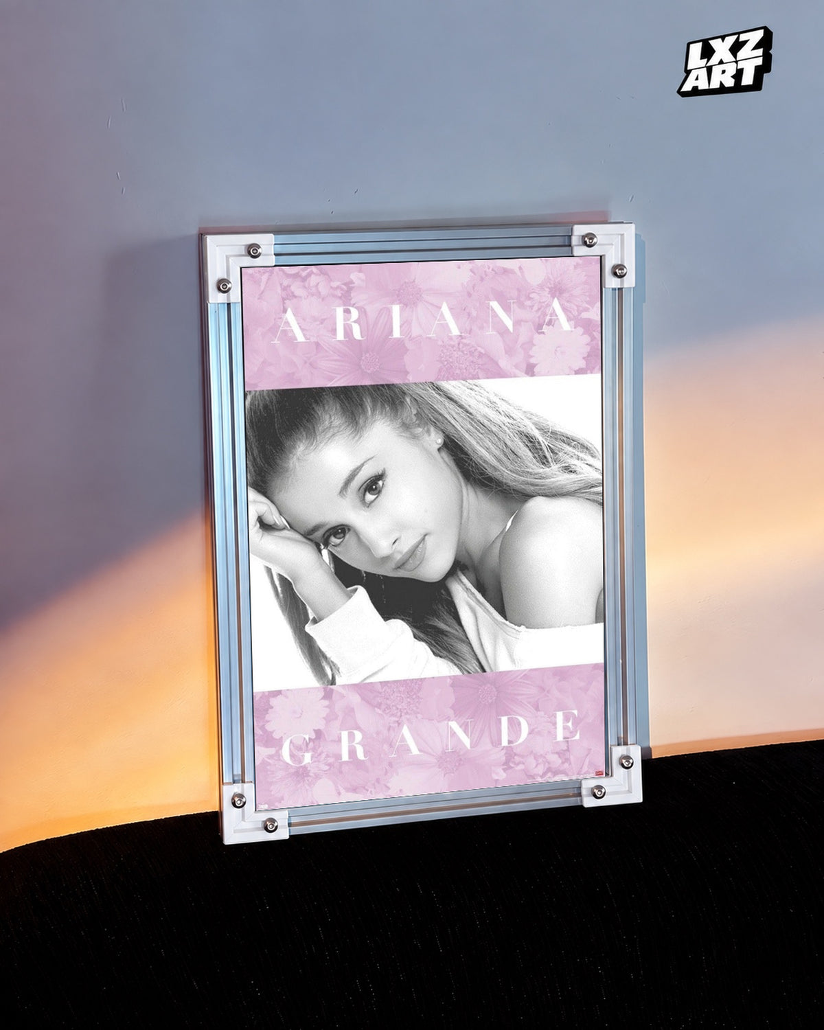 Ariana Grande Pink Portrait Poster — warm light wall; frame for display only