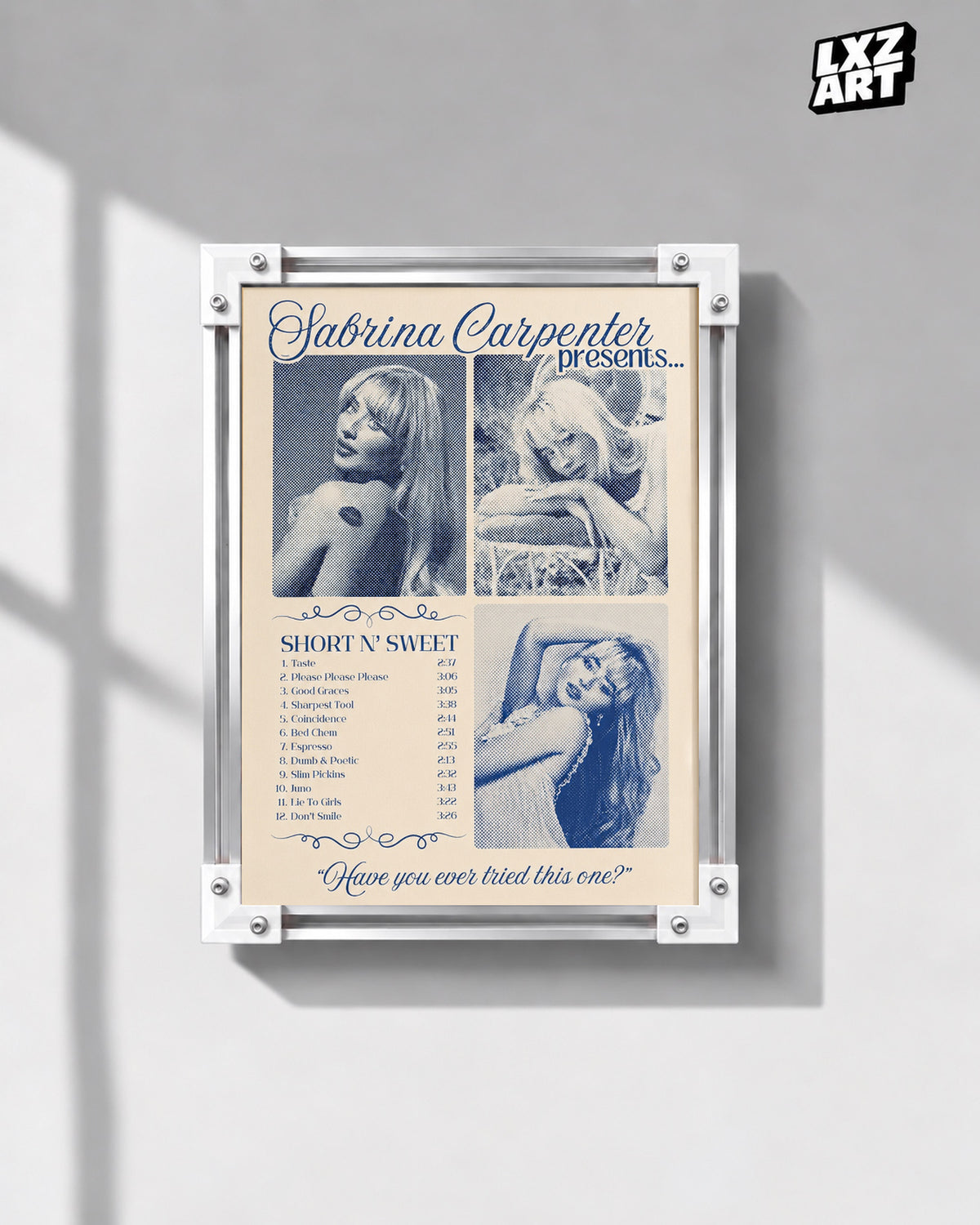 Sabrina Carpenter Short n' Sweet Tracklist Poster — gray wall front view; frame for display only