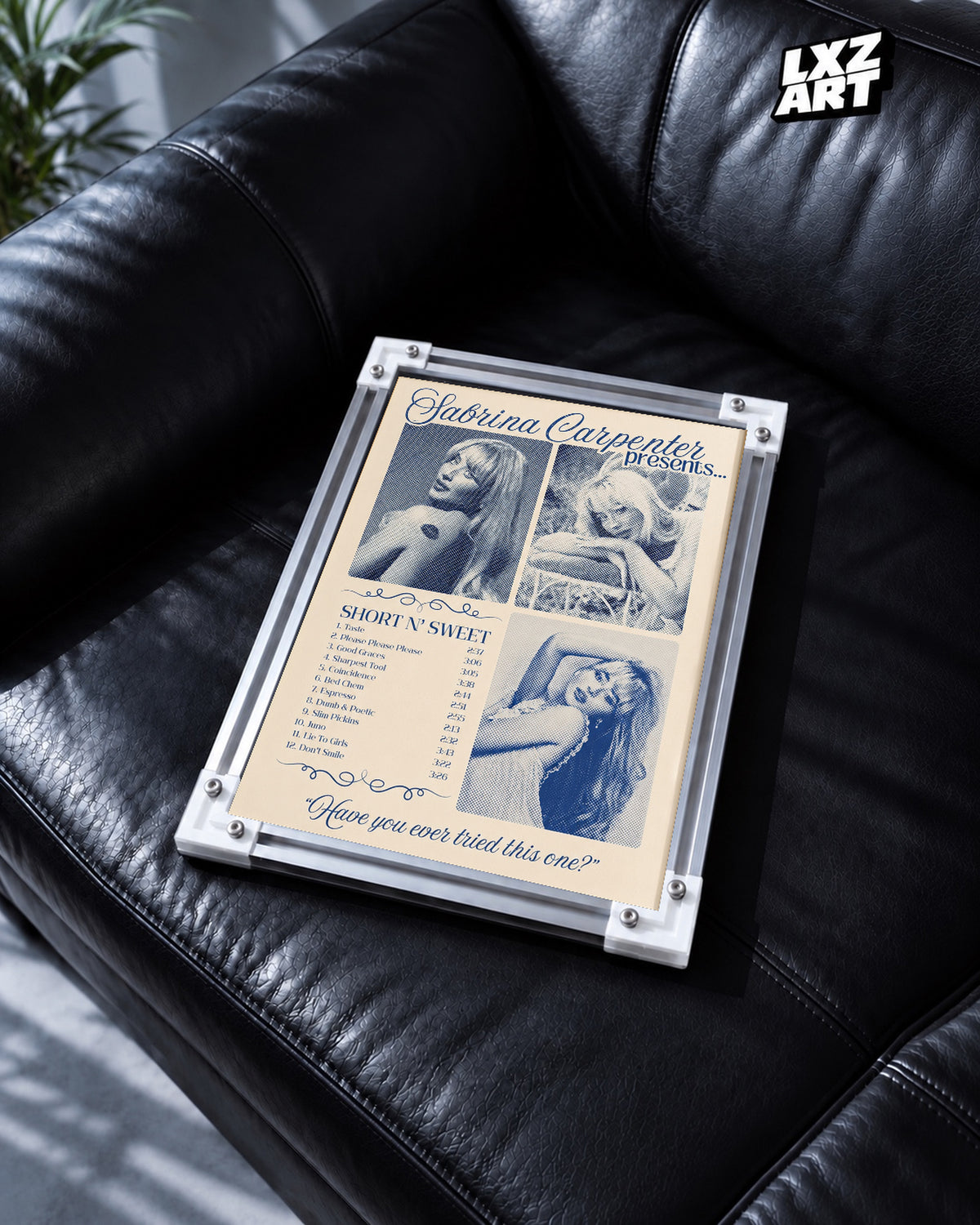 Sabrina Carpenter Short n' Sweet Tracklist Poster — black leather sofa; frame for display only