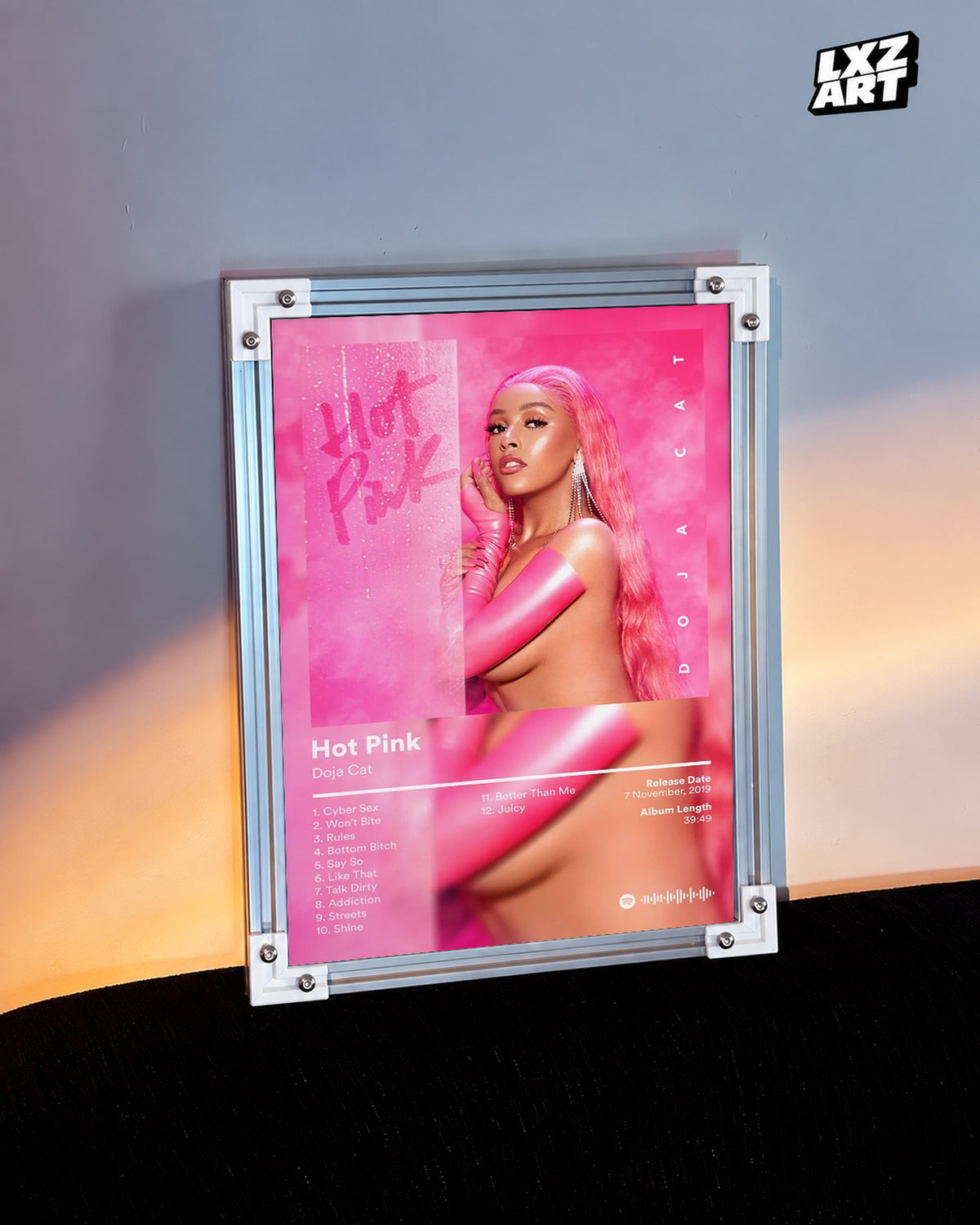 Doja Cat Hot Pink Tracklist Poster — warm light wall; frame for display only