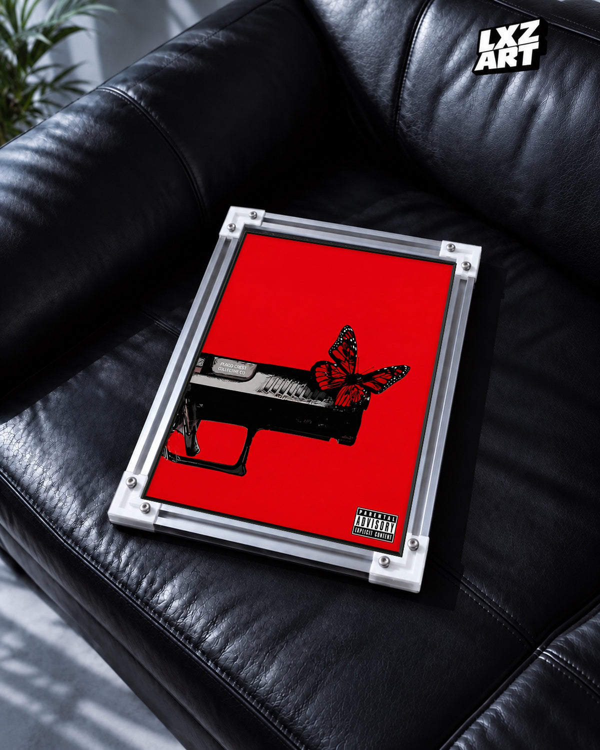 Playboi Carti Red Butterfly Poster — black leather sofa; frame for display only